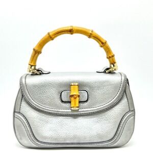 GUCCI Authentic Silver Leather Bamboo Bag